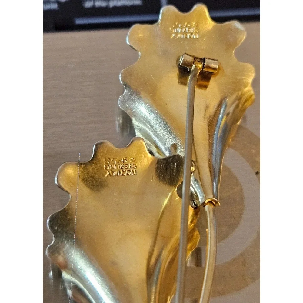 Aksel Holmsen Norway Sterling Mid-Century Vermeil Enamel Double Orchid Brooch